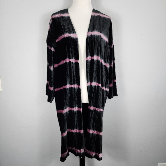J. Jill Sweaters - J. Jill Velvet Tie Dye Stripe Open Front Duster Cardigan Black Pink Lined
